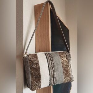Striped Upcycled Mini Shoulder Bag in Brown, Gray & Cream